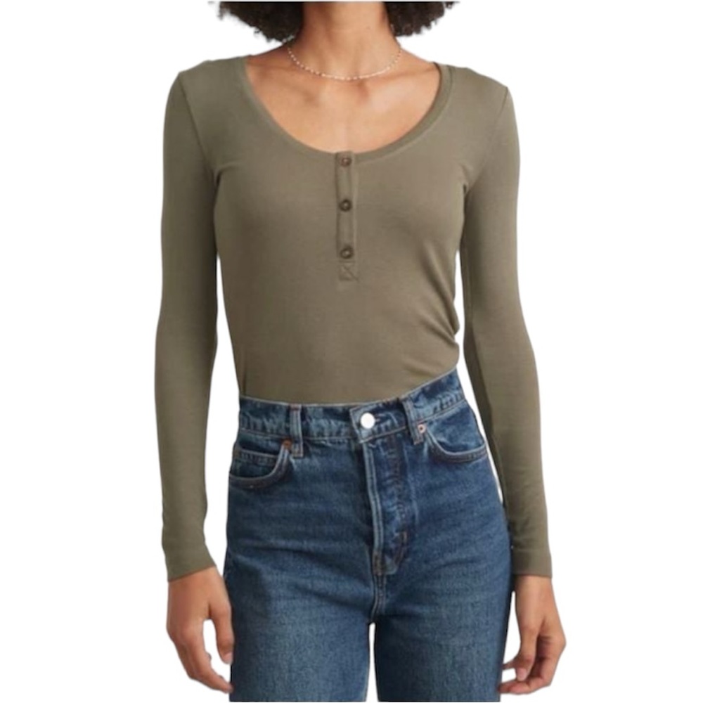 Marine Layer Women’s Lexi Rib Henley Top Green‎ Size Large